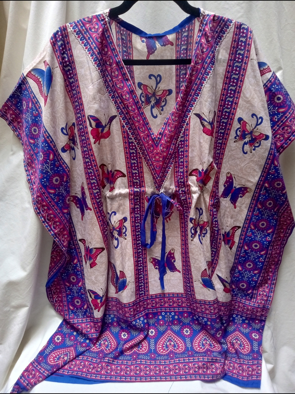Butterfly Print V-Neck Women's Tunic/Kaftan/ Beach Cover Up Blue & Pink